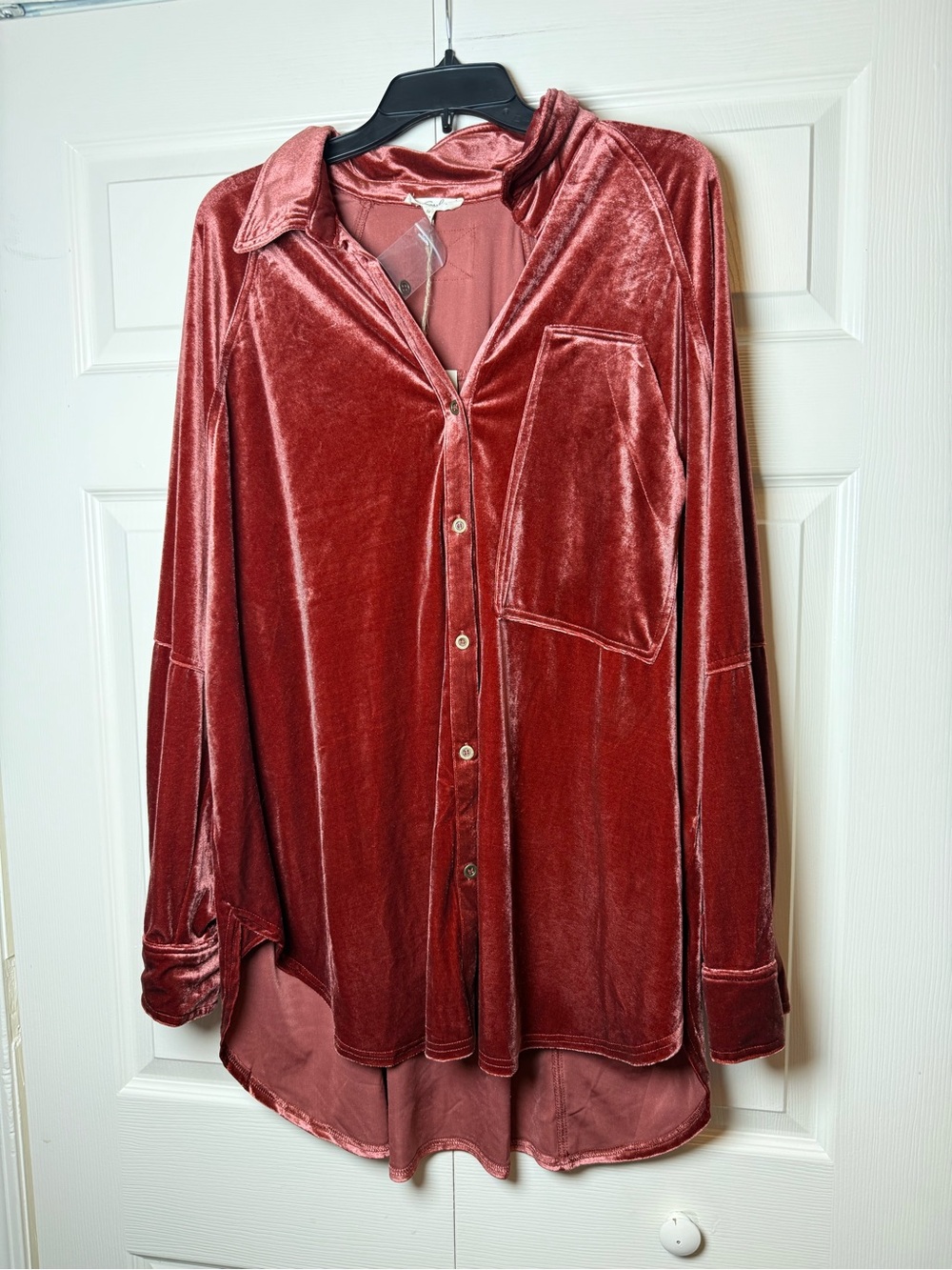 Easel Long Sleeve Button Down Velour Tunic Top